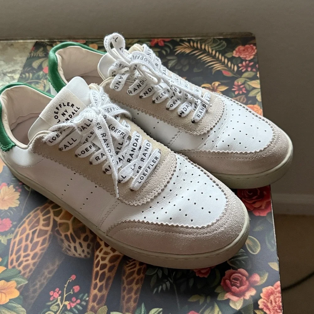 Loeffler Randall White and Green Leather Sneakers - Picture 4 of 6